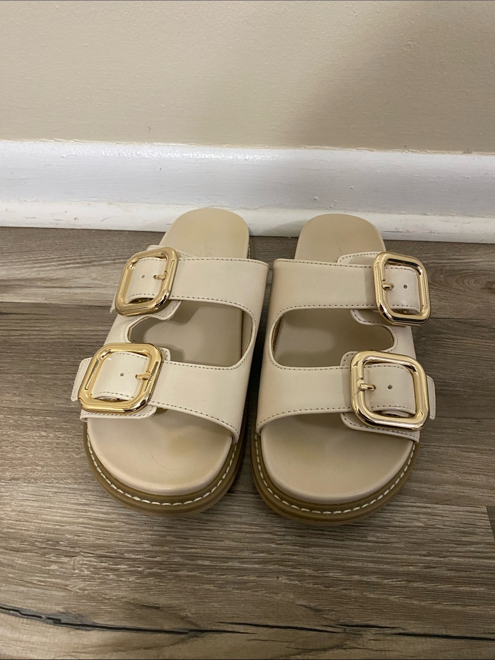 Cream Double-Buckle Slide Sandals with Gold Hardware